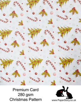 A4 Smooth card 280 gsm Single sided, Christmas trees repeating pattern, on a white background.  Smooth card, perfect for crafting and card making.