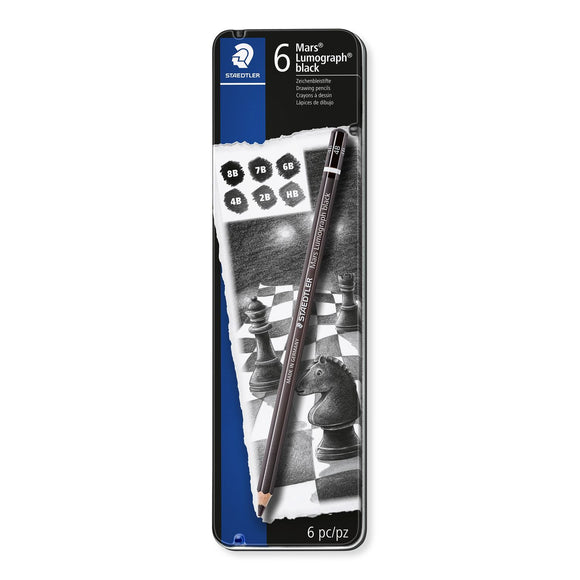 Staedtler Mars Lumograph Black assorted artist pencils 8B-6B-4B-4B-2B-2B ( Tin of six )
