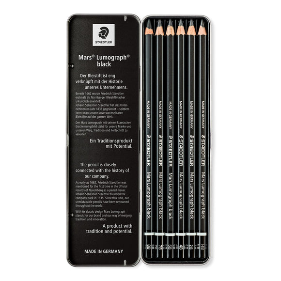 Staedtler Mars Lumograph Black assorted artist pencils 8B-6B-4B-4B-2B-2B ( Tin of six )