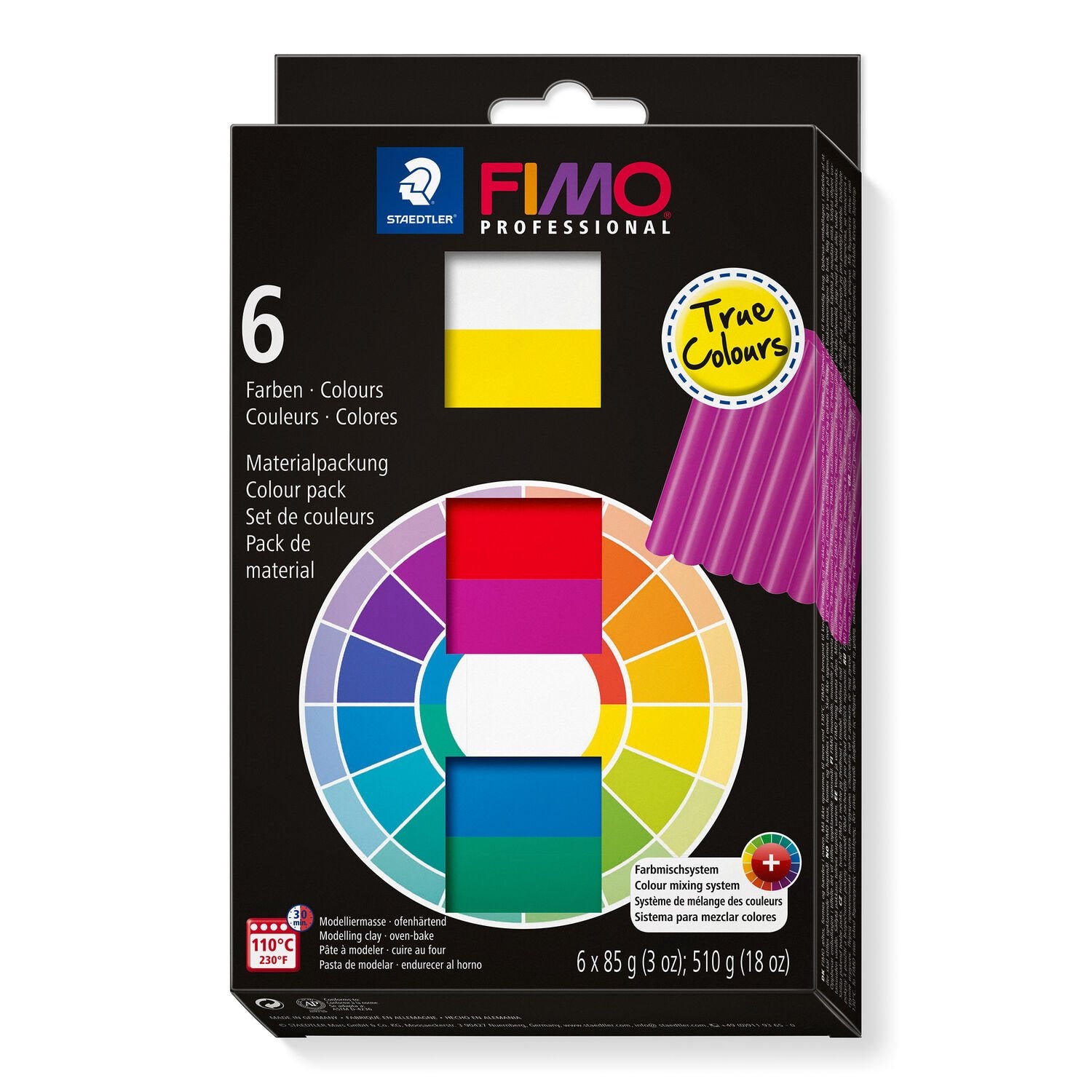 Fimo Professional True Colours 6 Pack Includes 6 x 85 g Blocks includes White, True Yellow, TrueRed,True Magenta, True Blue, True Green