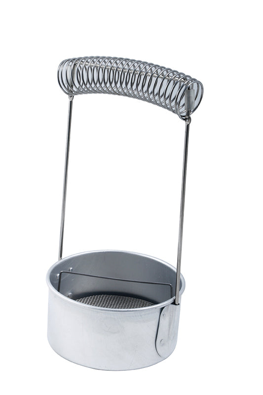 A popular brush washer designed mainly for cleaning brushes used for oil painting. The overhead coiled spring is made to suspend brushes by their handles over the base which holds a cleaning fluid of the artist’s choice and a mesh to dislodge thick paint.Aluminium Washing container for Brushes