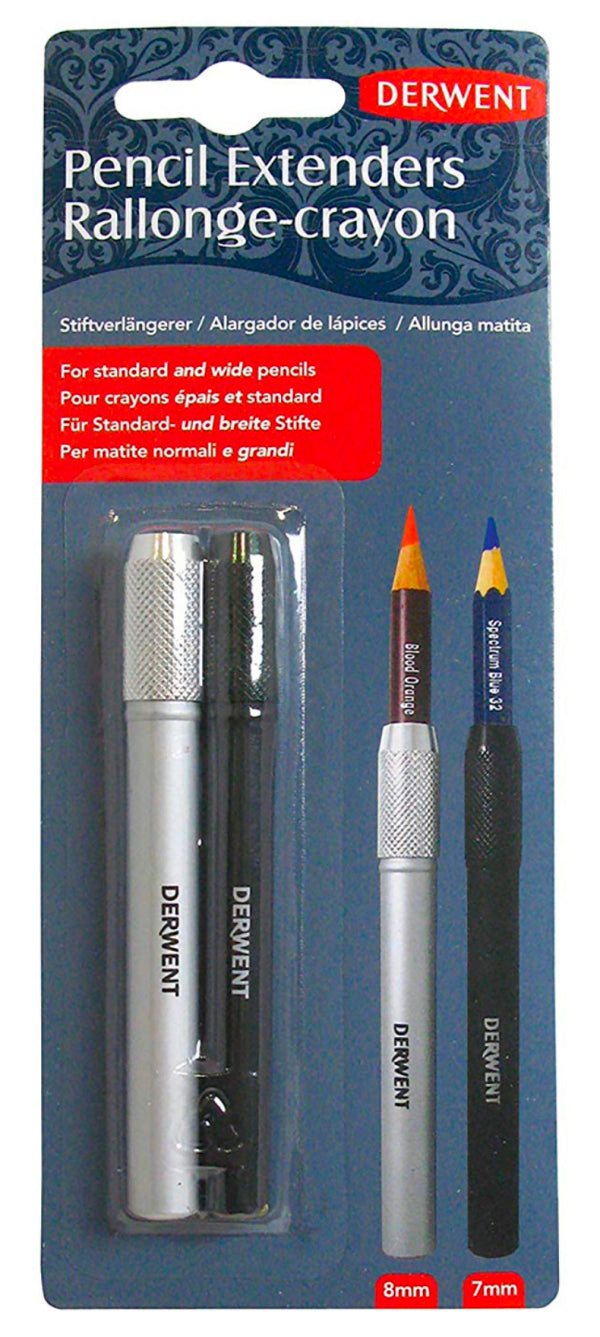 Derwent Pencil extenders pack of 2Derwent Pencil extenders pack of 2. Prolong the life of your pencils with these handy extenders. The silver one fits our larger diameter pencils such as Inktense and Artists while the black one fits all our standard size pencils such as Graphic and Watercolour.