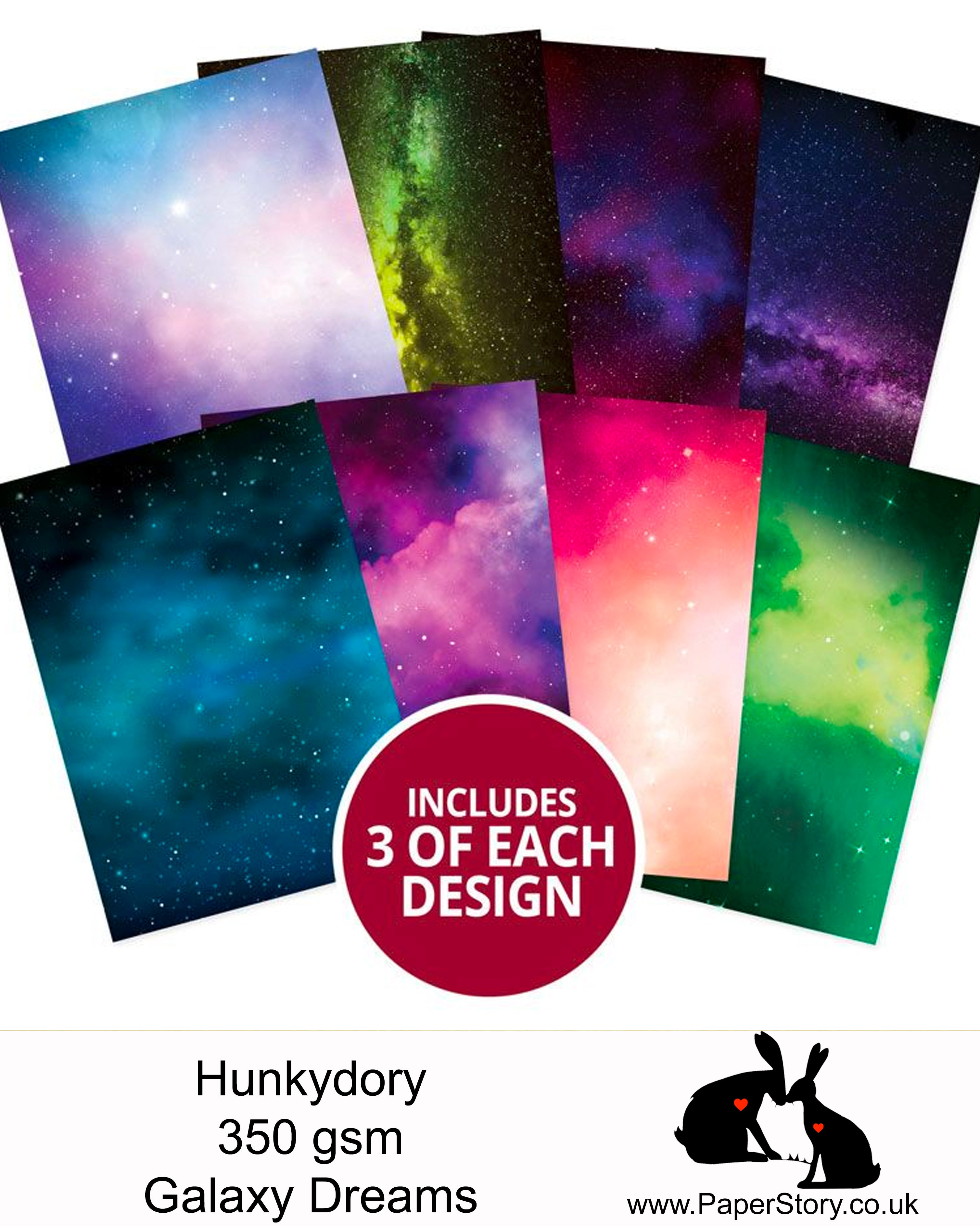 A4 Hunkdory patterned card 350 gsm mixed pack of 24 sheets. Stunning, mixed card selection. Galaxy Dreams. Includes 24 sheets of A4 Adorable Scorable. Perfect for matting & layering, card blanks, and handmade boxes 350gsm heavyweight card stock