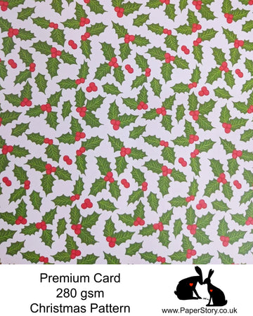 A4 Smooth card 280 gsm Single sided, Holly repeating pattern, on an ivory background. Smooth card, perfect for crafting and card making.