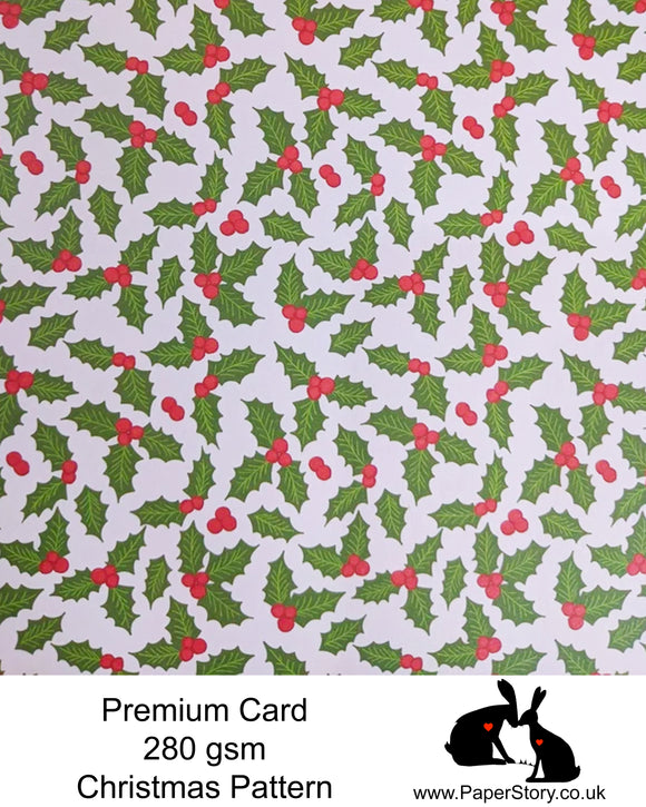 A4 Smooth card 280 gsm Single sided, Holly repeating pattern, on an ivory background. Smooth card, perfect for crafting and card making.