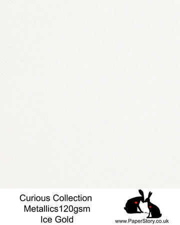 Curious Collection Metallics Pearlescent 120 gsm paper Ice Gold white glimmer, paper which offers a beautiful shimmering finish. White with a hint of shimmering gold, when the light catches the paper, the colour shifts from white to gold. This unique metallic paper is unlike any other metallic shimmer surface