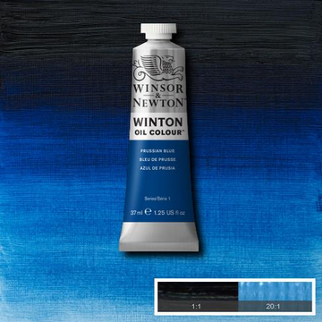 Prussian Blue is a deep blue colour. It was made by German chemist Diesbach around 1704 making it the first synthetic blue pigment. It quickly gained favour as an alternative to genuine Ultramarine.