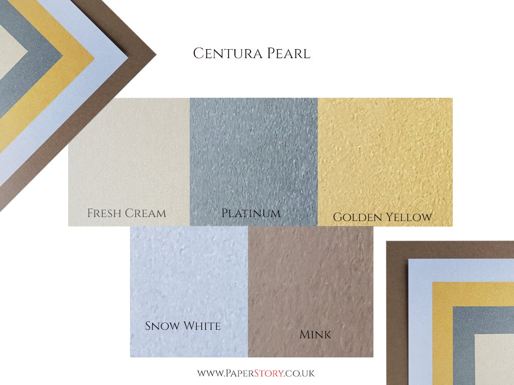 Centura Pearl single sided card 310 gsm. Fresh buttery cream colour. Pearlescent one side, white printable surface on the other. High-quality Pearlescent card made in the UK, perfect for wedding cards, greetings cards, boxes and art and craft projects.