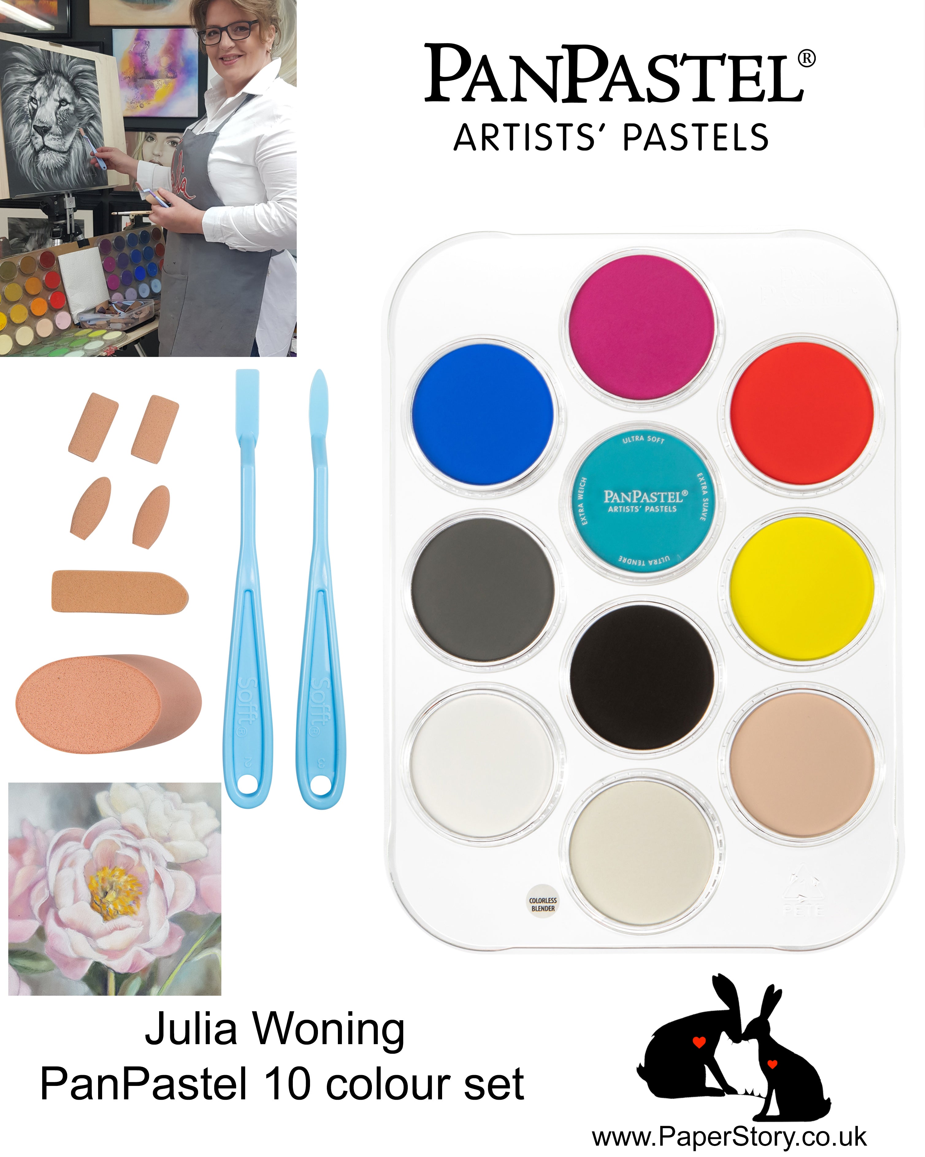 The Julia Woning PanPastel Set includes 10 PanPastel colours selected by Julia, a 10 slot palette tray, 2 Sofft Knives with covers, a finger sponge an angle slice round sponge.  It represents excellent value as you receive the Palette tray and tools worth over £28 free.