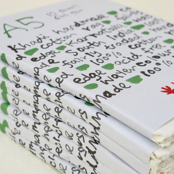 Khadi Paper : White 640GSM  10 sheets pack of A5. Feathered edge on all sides. Artists’ handmade paper from Khadi Papers India.  This paper is made from 100% long fibre cotton rag. Internally sized with neutral pH size.  Acid free.  Rough surface. For Watercolour and all painting and drawing media. 