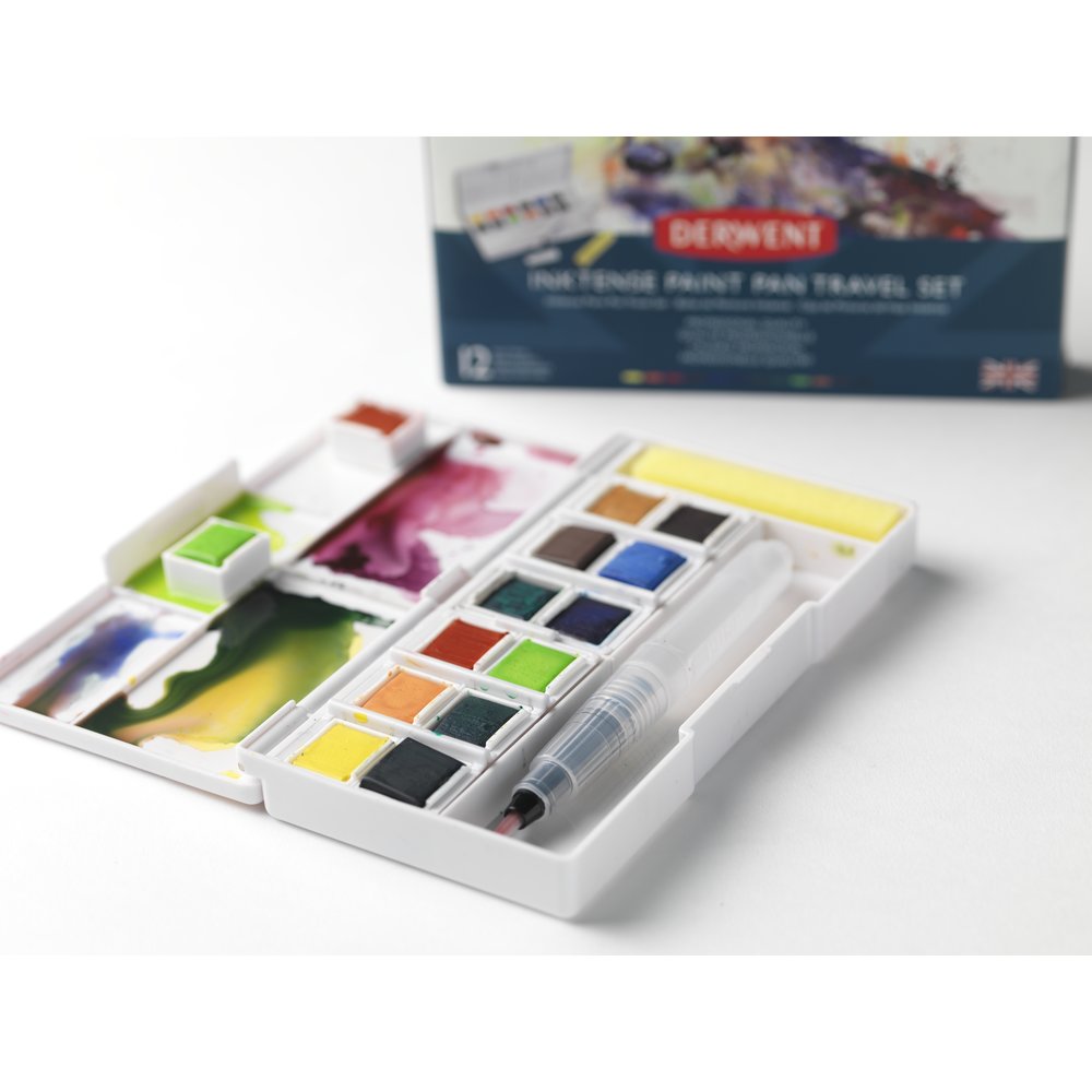 The Derwent Inktense Paint Pan Travel Set with Otter image on the front, contains the unique Inktense formulation found in Derwent pencil and block ranges. Unlike traditional watercolour, washes of vivid paint can be applied without dissolving previously dried layers. Can be used on paper, and also fabric.