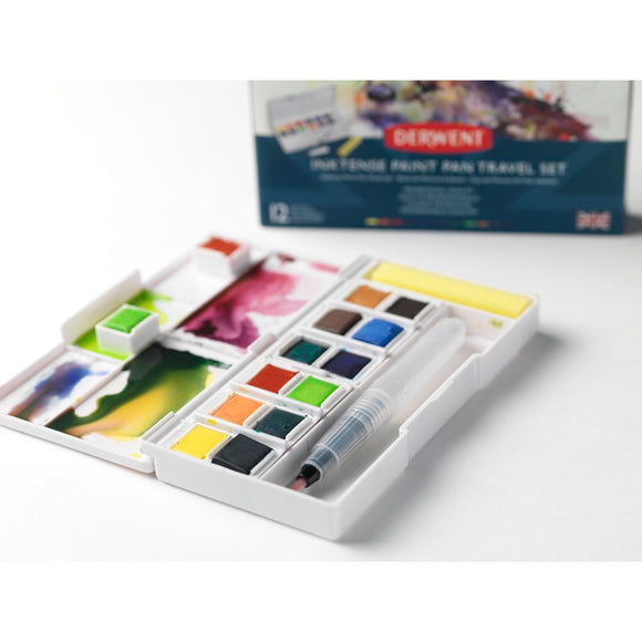 The Derwent Inktense Paint Pan Travel Set with Otter image on the front, contains the unique Inktense formulation found in Derwent pencil and block ranges. Unlike traditional watercolour, washes of vivid paint can be applied without dissolving previously dried layers. Can be used on paper, and also fabric.