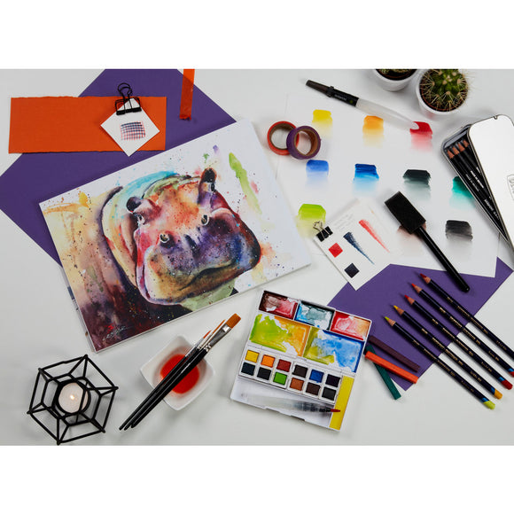 The Derwent Inktense Paint Pan Travel Set with Otter image on the front, contains the unique Inktense formulation found in Derwent pencil and block ranges. Unlike traditional watercolour, washes of vivid paint can be applied without dissolving previously dried layers. Can be used on paper, and also fabric.