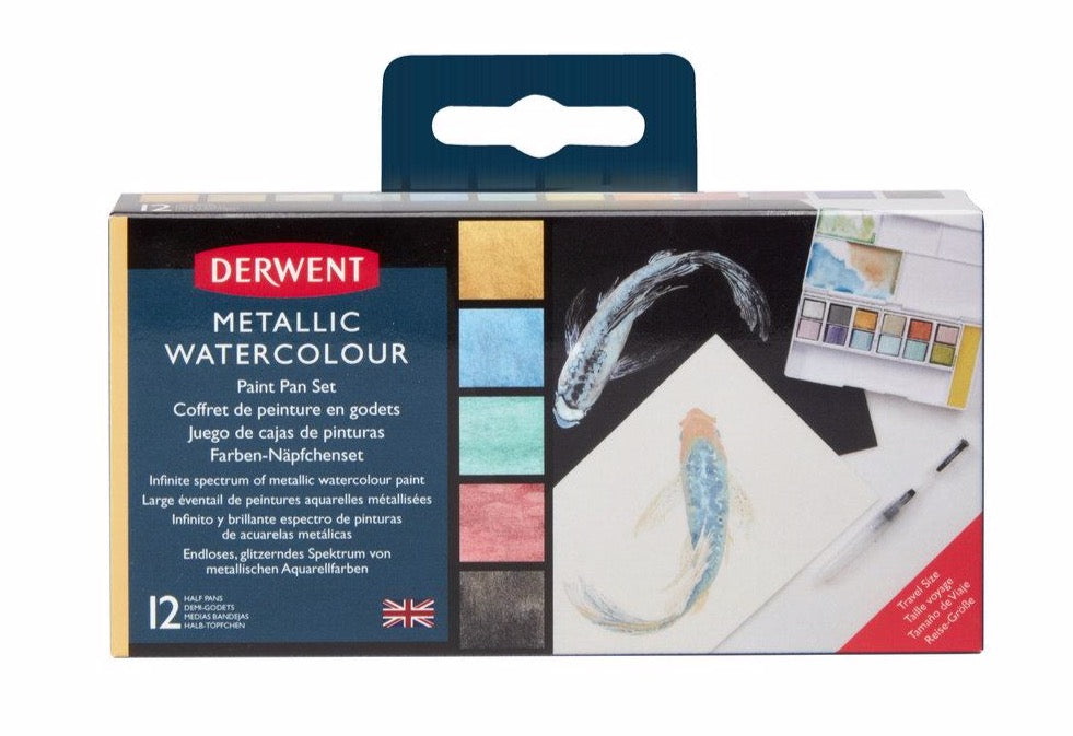 Derwent Metallic Paint Pans contain shimmering metallic colour, which are outstanding when applied to both light and dark paper.
