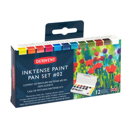 The Derwent Inktense Paint Pan Travel Set with Poppy image on the front, contains the unique Inktense formulation found in Derwent pencil and block ranges. Unlike traditional watercolour, washes of vivid paint can be applied without dissolving previously dried layers. Can be used on paper, and also fabric.