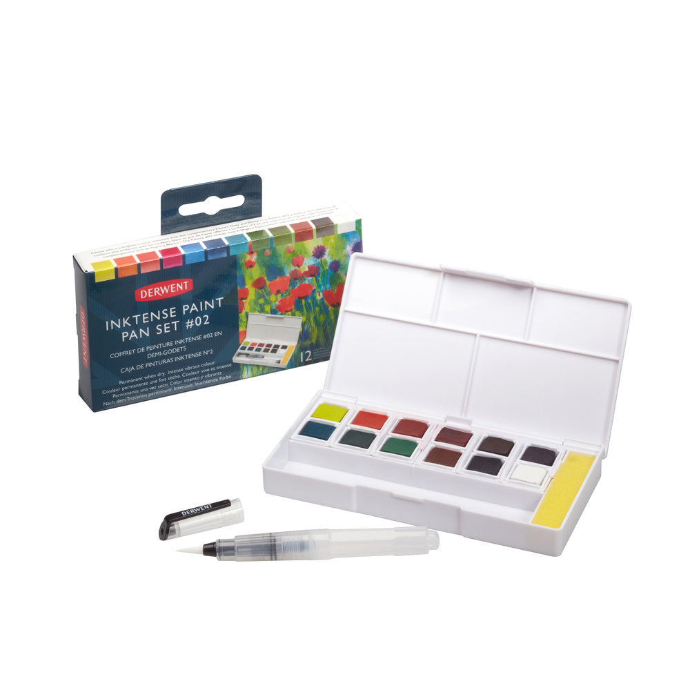 The Derwent Inktense Paint Pan Travel Set with Poppy image on the front, contains the unique Inktense formulation found in Derwent pencil and block ranges. Unlike traditional watercolour, washes of vivid paint can be applied without dissolving previously dried layers. Can be used on paper, and also fabric.