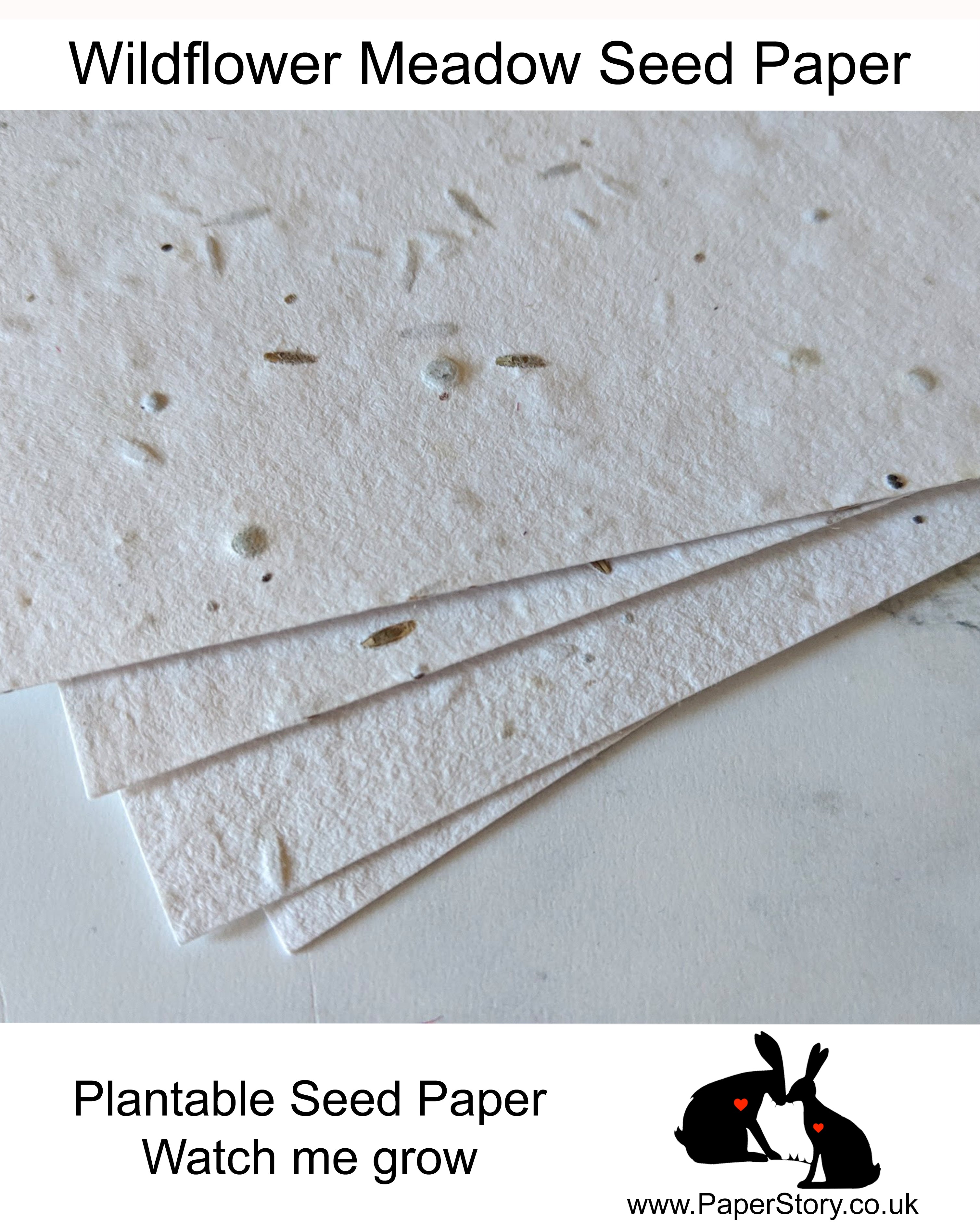 Stunning plantable seed paper. Handmade using the finest British meadow mix seeds. Plant to attract  and encourage bees butterflies and insects into your garden. Each piece is unique and of a card weight around 280 - 300 gsm. These wonderful papers are environmentally friendly, using recycled paper they are perfect for cutting to make tags for favours for your guests to plant and remember your special day. 