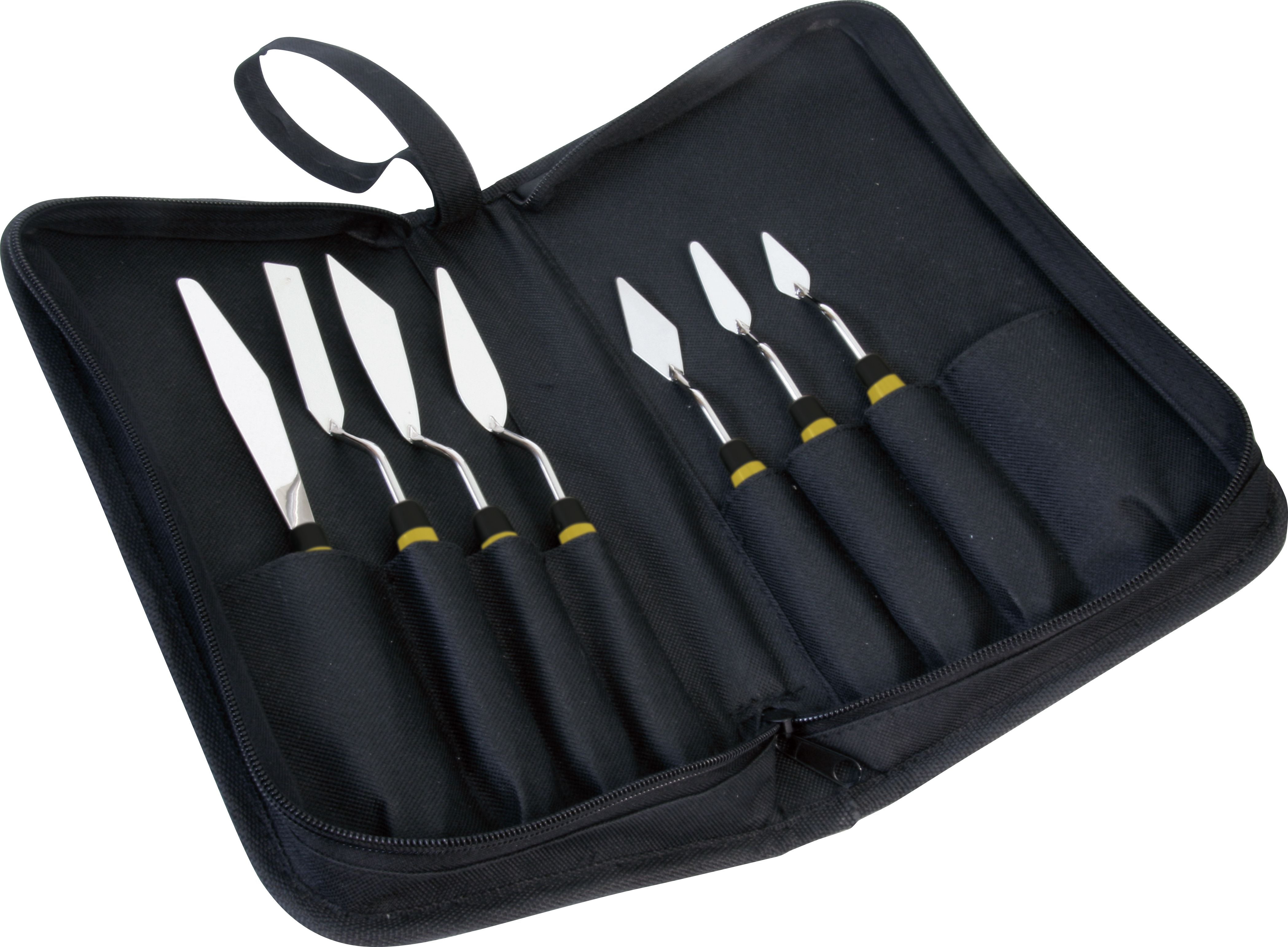 A great selection of palette knives from Daler Rowney, is a zipped case. 7 styles to use with acrylic or oil paints for paint application and creative techniques