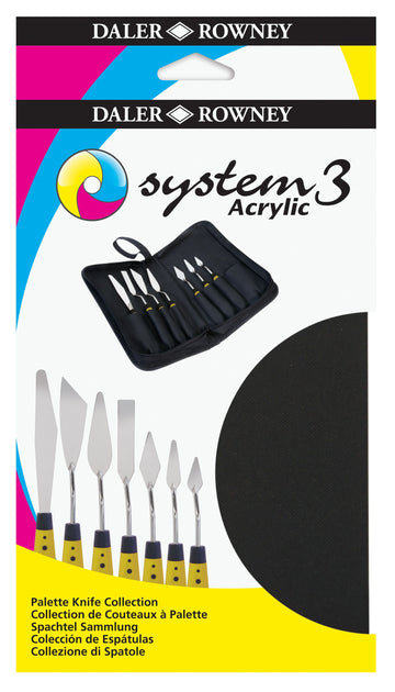 A great selection of palette knives from Daler Rowney, is a zipped case. 7 styles to use with acrylic or oil paints for paint application and creative techniques