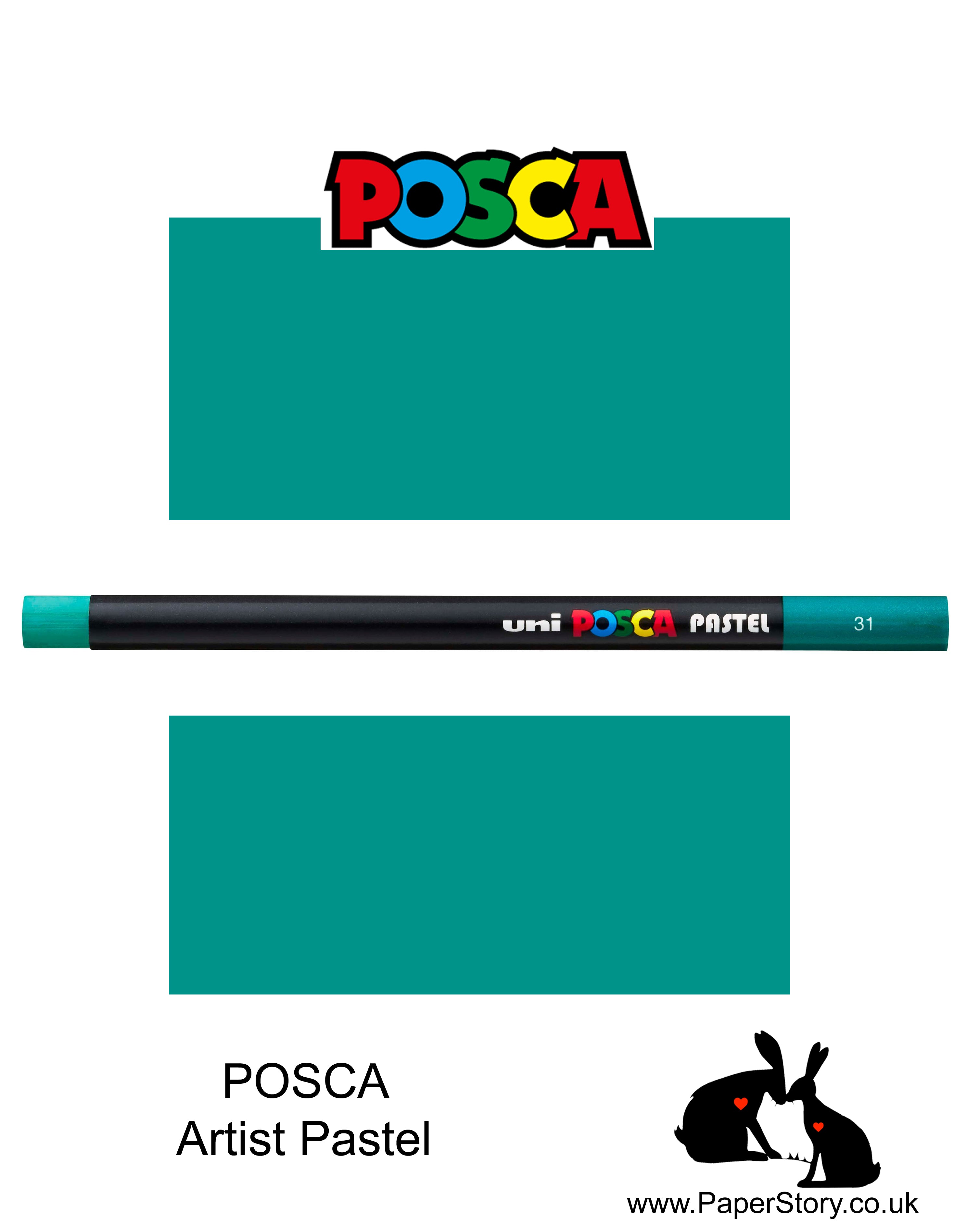 New Uni POSCA Pastels, Emerald Green, these  new style wax and oil mixed pastel colours can be blended and overlaid, you can stipple, colour block, cross-hatch, scratch and outline. You can heat the sticks to create textured effects.
