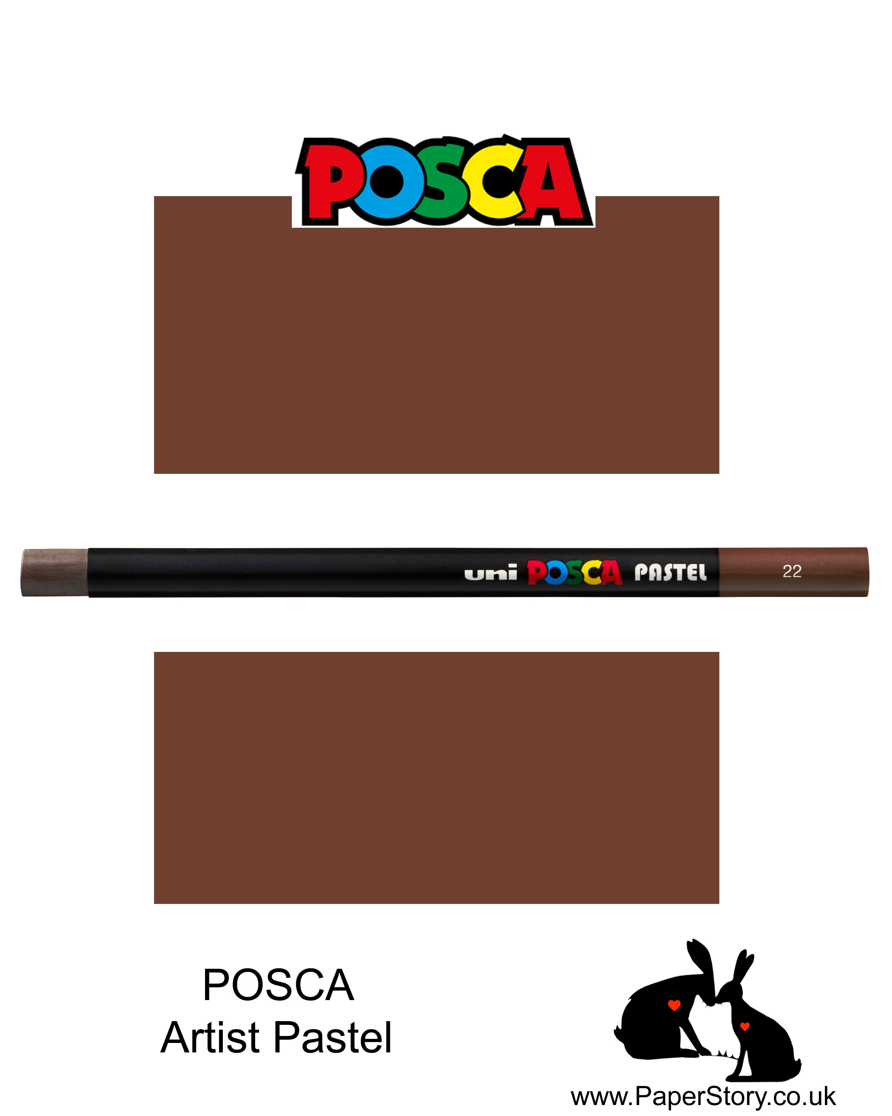 New Uni POSCA Pastel colours, Brown. These  new style wax and oil mixed pastel colours can be blended and overlaid, you can stipple, colour block, cross-hatch, scratch and outline. You can heat the sticks to create textured effects.