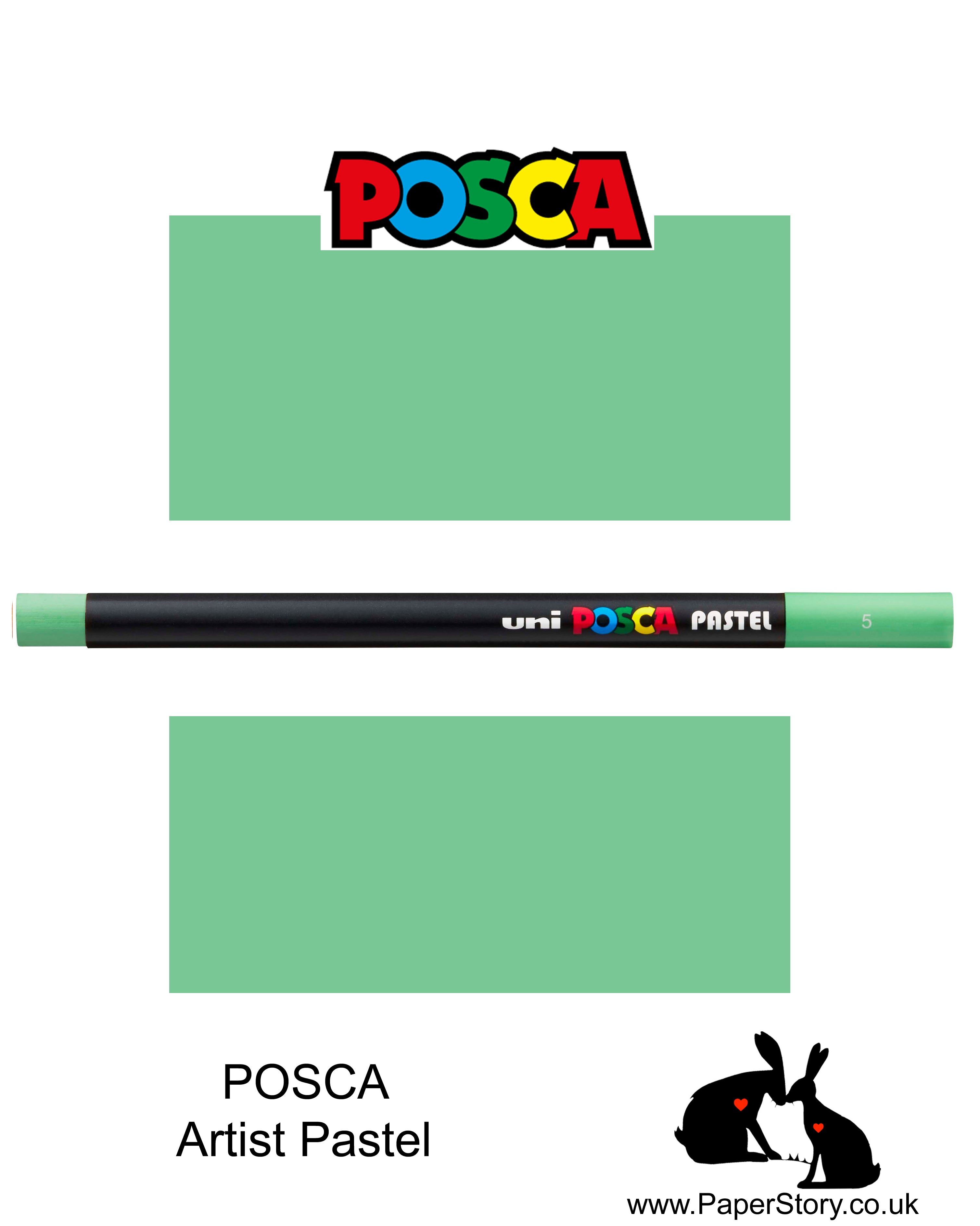 New Uni POSCA Pastels, Light Green colour, these  new style wax and oil mixed pastel colours can be blended and overlaid, you can stipple, colour block, cross-hatch, scratch and outline. You can heat the sticks to create textured effects.