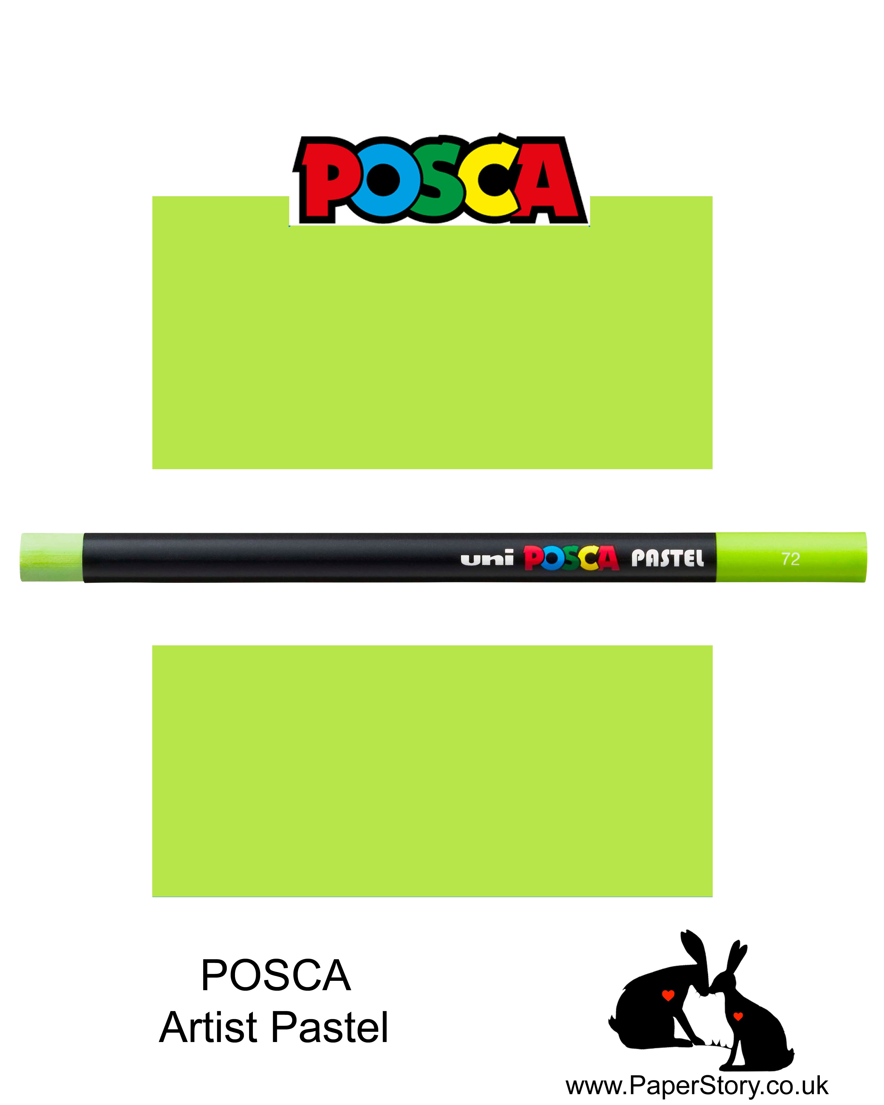 New Uni POSCA Pastels, Apple Green, these  new style wax and oil mixed pastel colours can be blended and overlaid, you can stipple, colour block, cross-hatch, scratch and outline. You can heat the sticks to create textured effects.