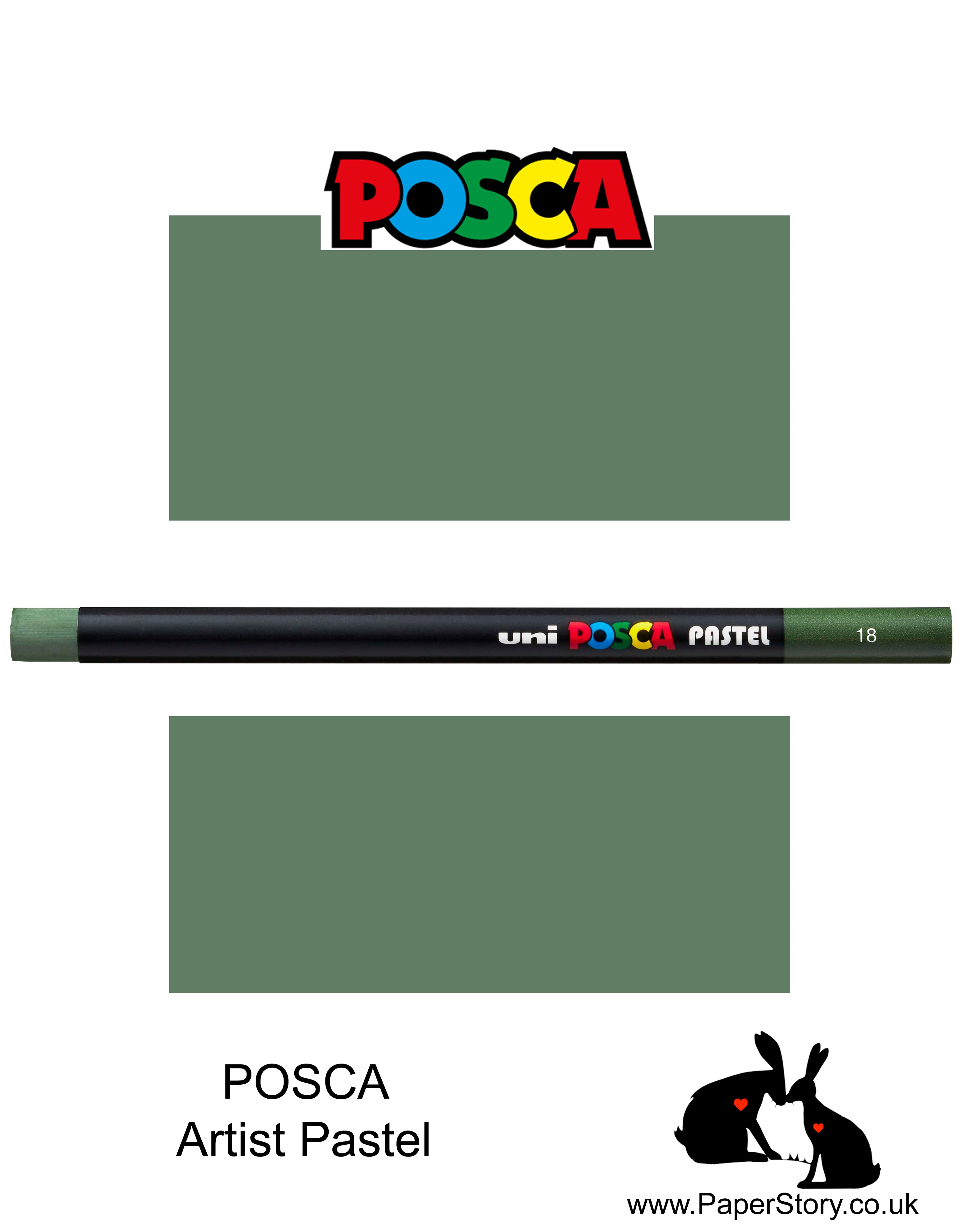 New Uni POSCA Pastels, Olive Green, these  new style wax and oil mixed pastel colours can be blended and overlaid, you can stipple, colour block, cross-hatch, scratch and outline. You can heat the sticks to create textured effects.