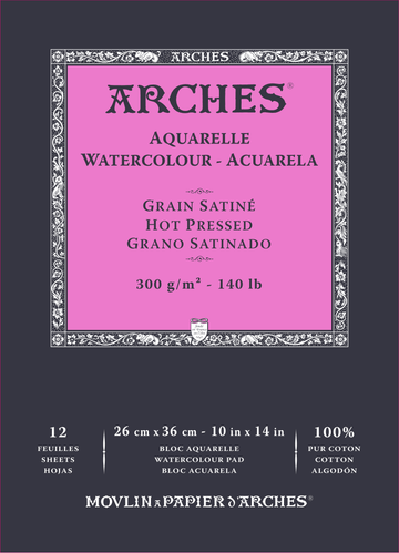 Arches 100% Cotton 300 gsm Watercolour Paper Hot Pressed Satine 26 x 36 cm (10 x 14")