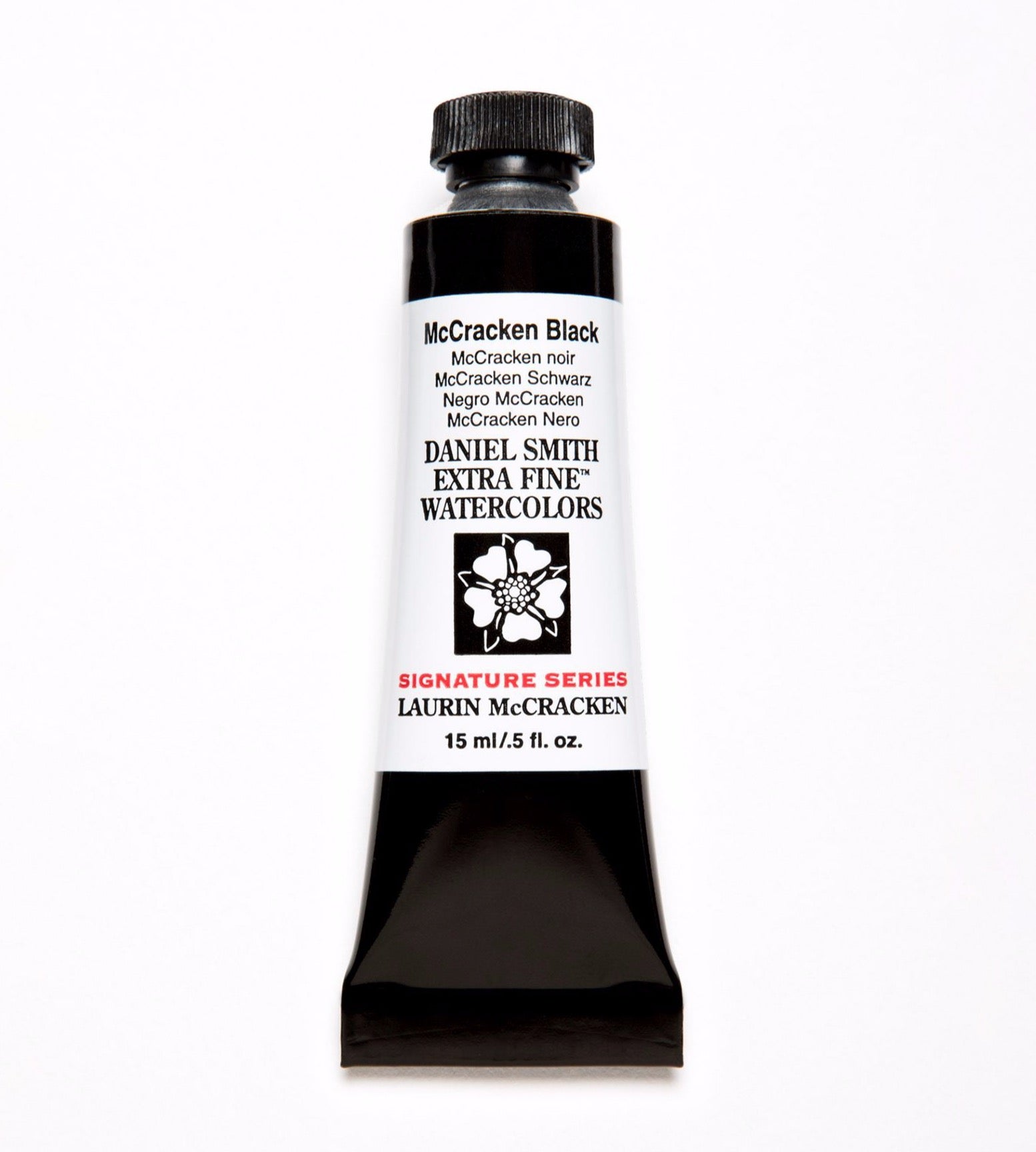 New colour by DANIEL SMITH Extra Fine Watercolour McCracken Black 15ml tube. McCracken Black is a versatile black. It can produce a range of neutral grays that are ideal for creating a realistic look to metal objects and a remarkable depth in a dark background, that is inspired by the Dutch painters of the 16th and 17th century. 