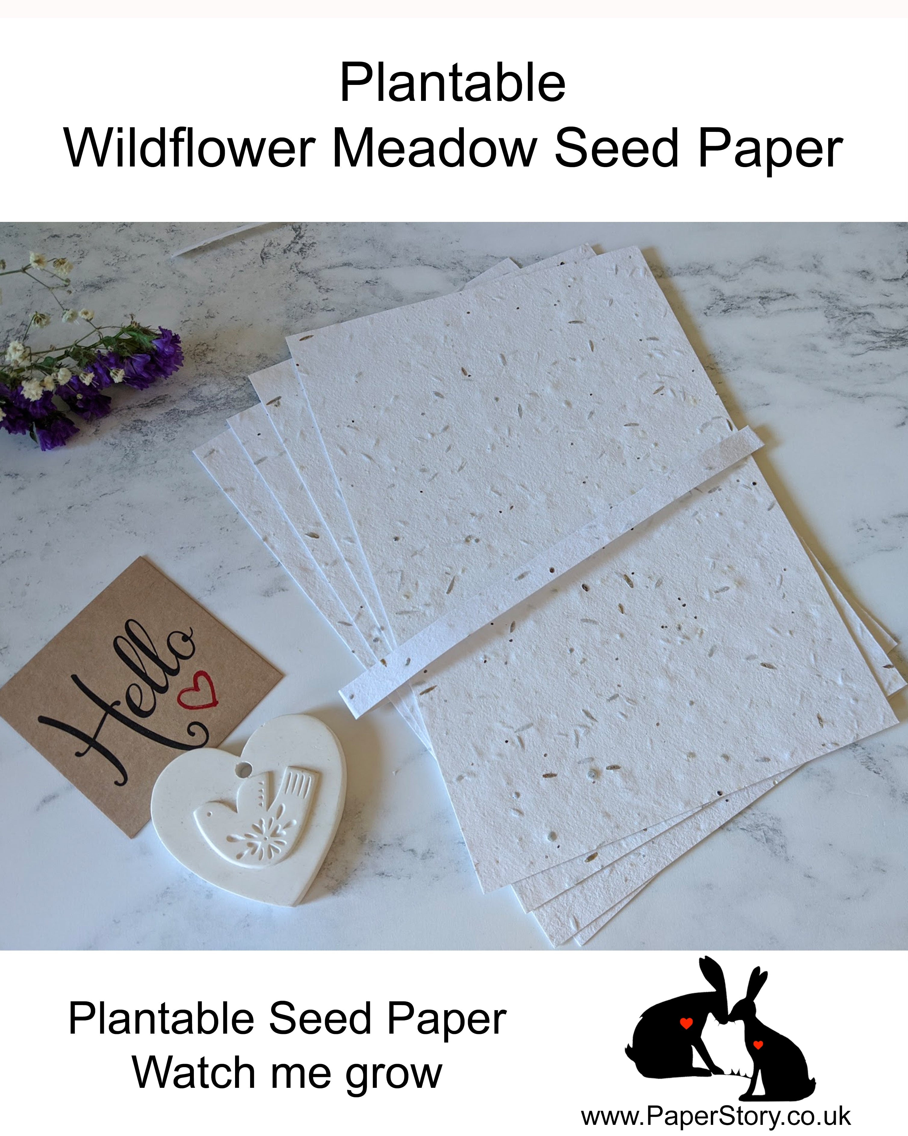 Stunning plantable seed paper. Handmade using the finest British meadow mix seeds. Plant to attract  and encourage bees butterflies and insects into your garden. Each piece is unique and of a card weight around 280 - 300 gsm. These wonderful papers are environmentally friendly, using recycled paper they are perfect for cutting to make tags for favours for your guests to plant and remember your special day. 