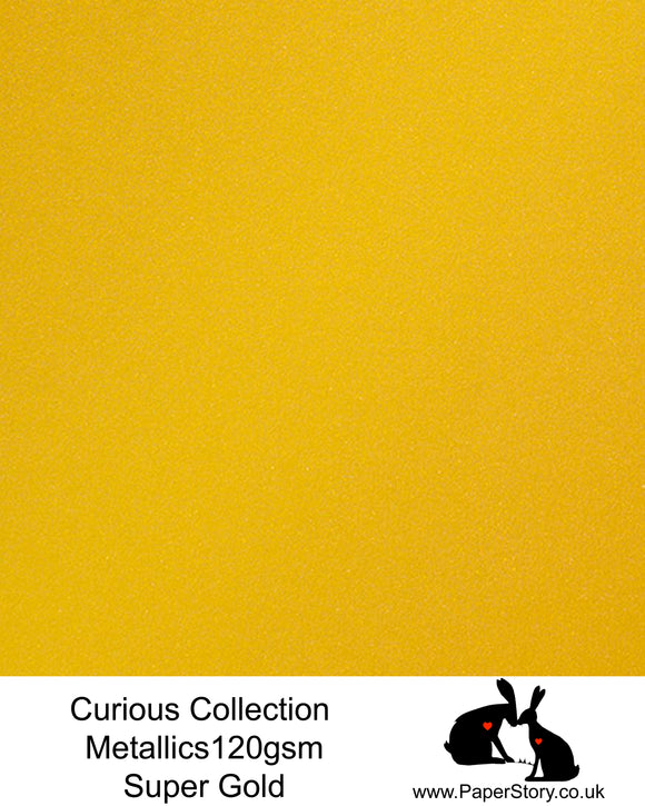 Curious Collection Curious Metallics super bright precious gold colour. This unique metallic paper is unlike any other metallic shimmer surface, the natural underlying wove surface of Curious Metallics enhances the stunning metallic shimmer, whilst making it easier to print on with an inkjet printer. This is the perfect paper for those who use a machine or hand cut. Also a very popular product with paper flower artists and crafters.