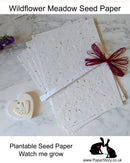 Stunning plantable seed paper. Handmade using the finest British meadow mix seeds. Plant to attract  and encourage bees butterflies and insects into your garden. Each piece is unique and of a card weight around 280 - 300 gsm. These wonderful papers are environmentally friendly, using recycled paper they are perfect for cutting to make tags for favours for your guests to plant and remember your special day. 